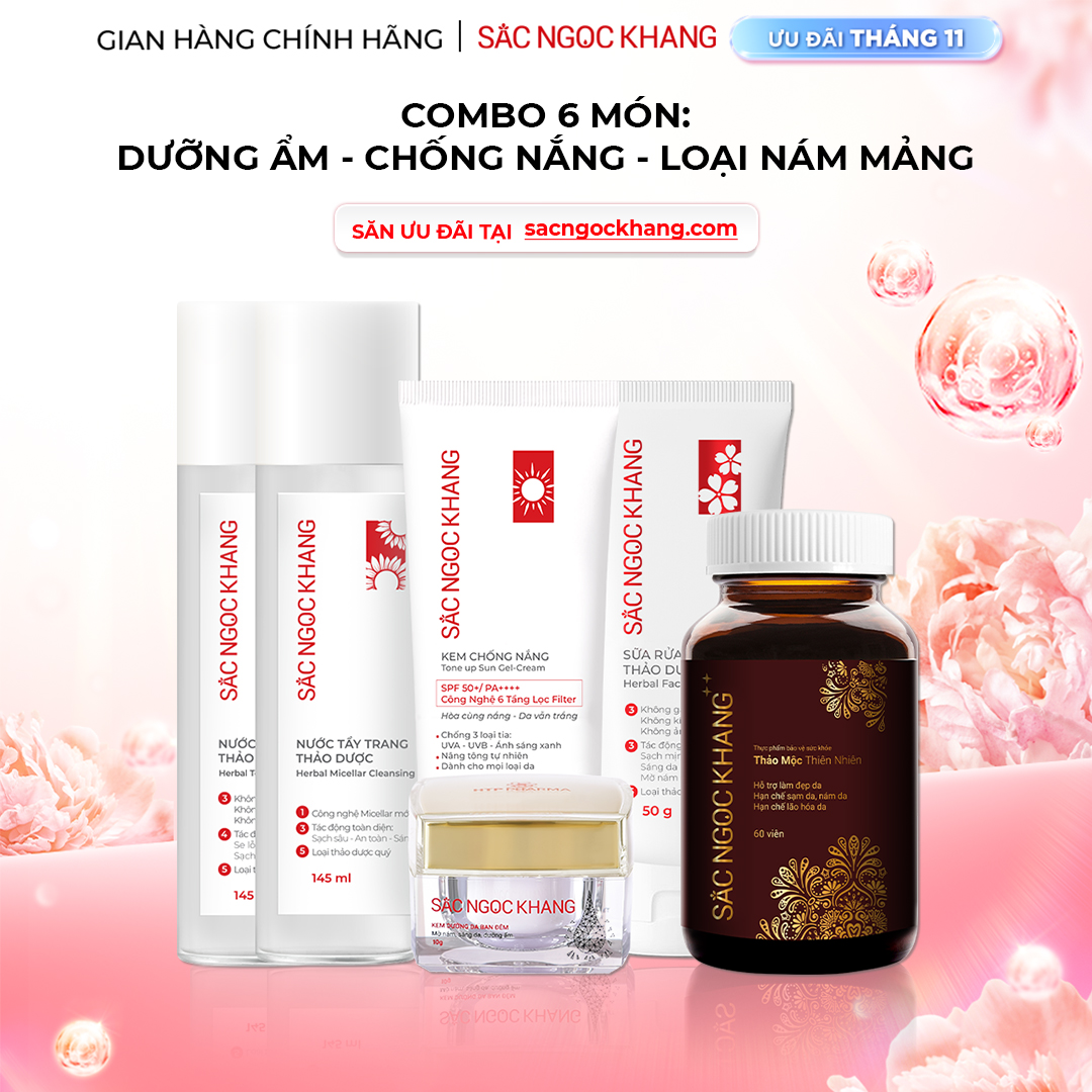 1729643028417776600 Combo Mờ Nám, Đẹp Da Sắc Ngọc Khang: Sữa Rửa Mặt 50g, Nước Tẩy Trang Thảo Dược 145ml, Nước Hoa Hồng Thảo Dược 145ml, Kem Dưỡng Da Ban Đêm 10g, Kem Chống Nắng "Sa Mạc", Viên Uống Sắc Ngọc Khang ++ 60v (Phiên bản cao cấp) - Ảnh 1