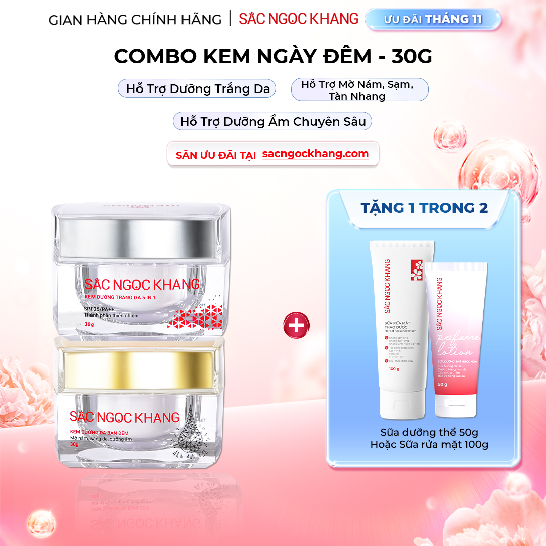 1729652157294218200 Combo Dưỡng Da Ngày Và Đêm Sắc Ngọc Khang (Kem Dưỡng Da Ban Đêm 30g và Kem Dưỡng Da Ban Ngày 5in1 30g, tặng Sữa rửa mặt 100g hoặc sữa dưỡng thể 50g) - Ảnh 1