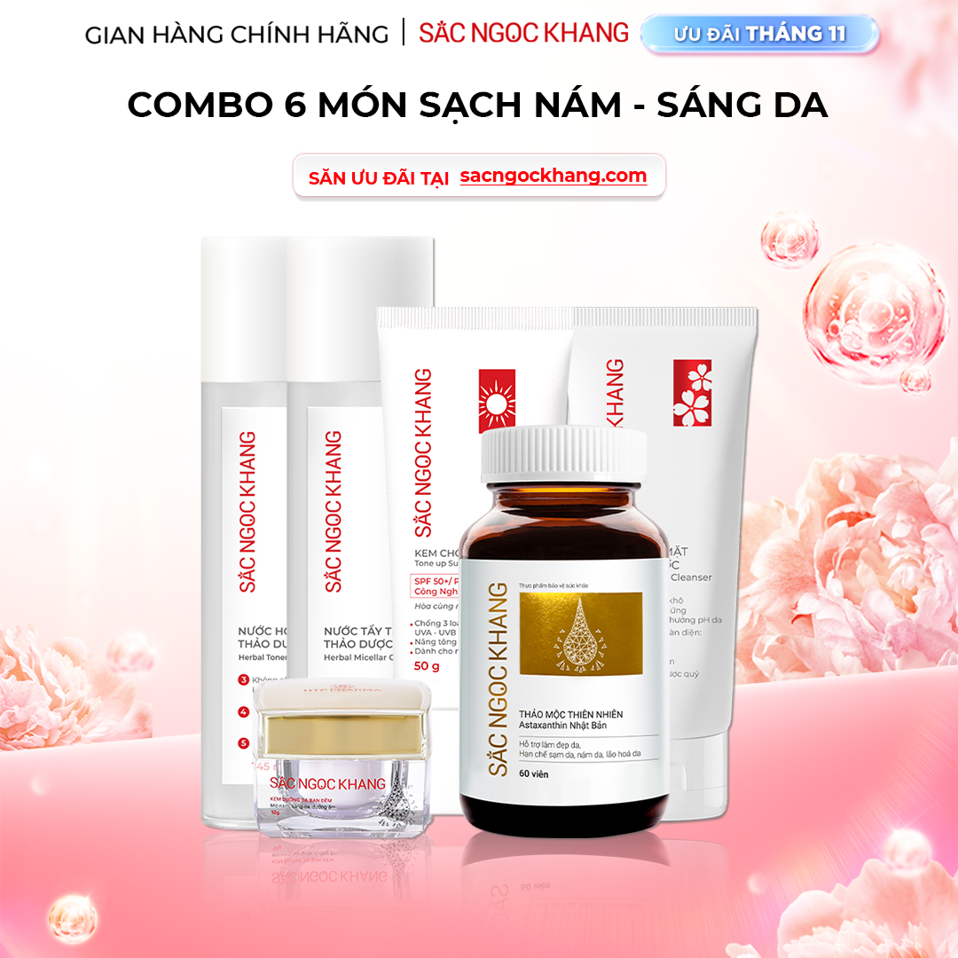 1729689121472941016 Combo Toàn Diện Mờ Nám, Đẹp Da Sắc Ngọc Khang: Nước tẩy trang 145ml, sữa rửa mặt 50g, nước hoa hồng 145ml, kem chống nắng 50g, kem dưỡng da ban đêm 10g, viên uống vi tảo lục 60v (phiên bản thường) - Ảnh 1