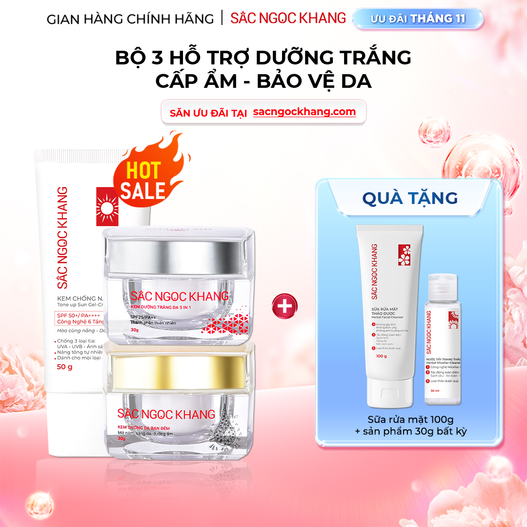 1729689127795133400 Combo Kem Mờ Nám, Nâng Tông, Bảo Vệ Da Sắc Ngọc Khang (Kem Ngày 30g + Kem Đêm 30g + Kem Chống Nắng SA MẠC) - Ảnh 1