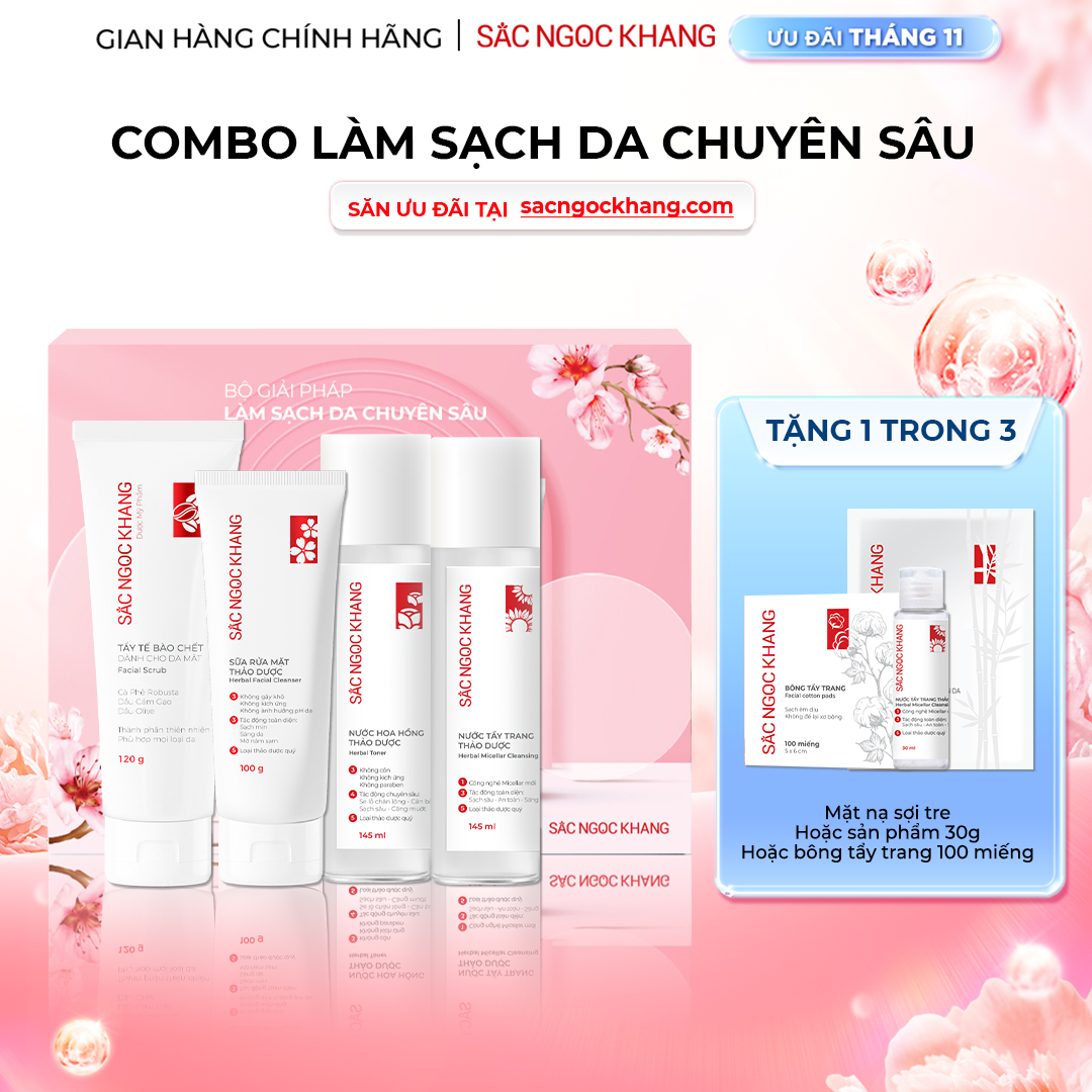1729717213143534552 Combo Làm Sạch Da Chuyên Sâu Sắc Ngọc Khang (Sữa rửa mặt Thảo Dược 100g + Nước Hoa Hồng Thảo Dược 145ml + Nước Tẩy Trang Thảo Dược 145ml + Tẩy TBC 120g) - Ảnh 1