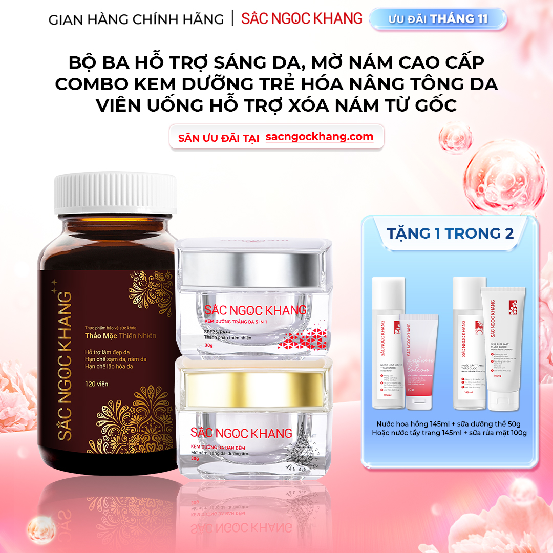 1731259366604311512 Combo Mờ Nám Dưỡng Trắng Cao Cấp Sắc Ngọc Khang: Viên Uống Sắc Ngọc Khang ++, Kem Dưỡng Da Ban Đêm, Kem Dưỡng Da Ban Ngày - Ảnh 1