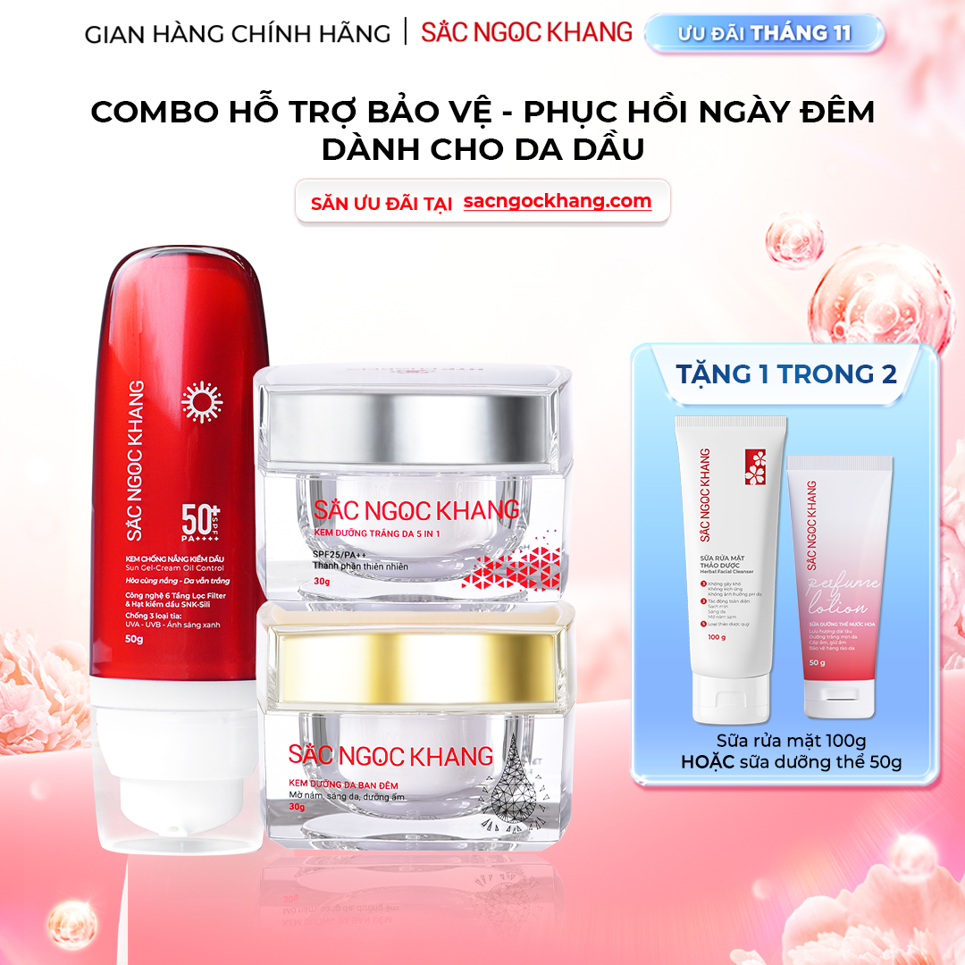 1731558131869191128 Combo Mờ Nám Dưỡng Trắng Kiềm Dầu Sắc Ngọc Khang (Kem dưỡng da ban ngày, kem dưỡng da ban đêm, kem chống nắng kiềm dầu) - Ảnh 1