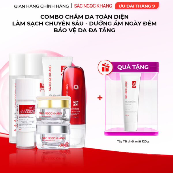Combo 7 Sản Phẩm Chăm Sóc Da Toàn Diện Chuyên Sâu Sắc Ngọc Khang (Nước Tẩy Trang Thảo Dược, Sữa Rửa Mặt Thảo Dược, Tẩy Tế Bào Chết Cà Phê, Nước Hoa Hồng Thảo Dược, Serum Siêu Dưỡng Trắng Vitamin C, Kem Dưỡng Da 5 In 1, Kem Dưỡng Ban Đêm, Kem Chống Nắng)