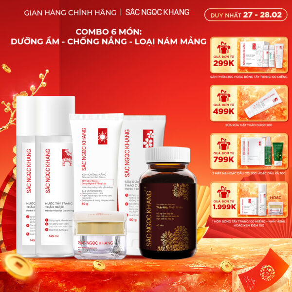 Combo Mờ Nám, Đẹp Da Sắc Ngọc Khang: Sữa Rửa Mặt 50g, Nước Tẩy Trang Thảo Dược 145ml, Nước Hoa Hồng Thảo Dược 145ml, Kem Dưỡng Da Ban Đêm 10g, Kem Chống Nắng "Sa Mạc", Viên Uống Sắc Ngọc Khang ++ 60v (Phiên bản cao cấp)