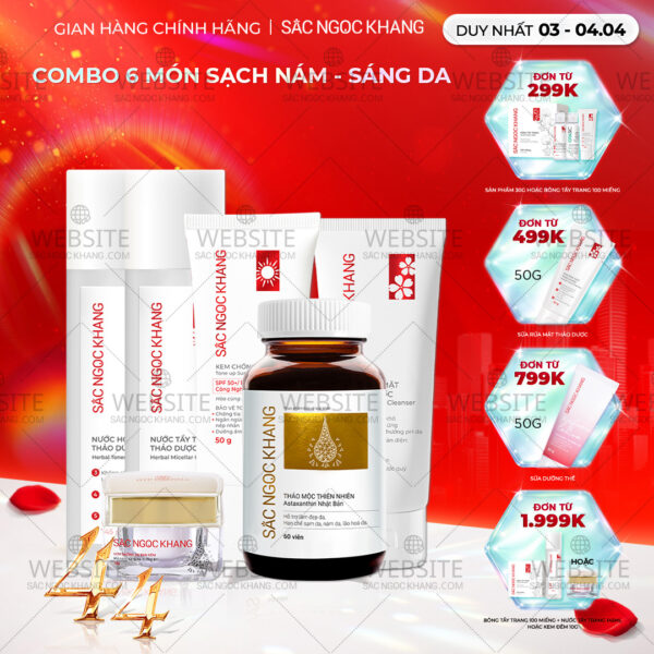 Combo Toàn Diện Mờ Nám, Đẹp Da Sắc Ngọc Khang: Nước tẩy trang 145ml, sữa rửa mặt 50g, nước hoa hồng 145ml, kem chống nắng 50g, kem dưỡng da ban đêm 10g, viên uống vi tảo lục 60v (phiên bản thường)