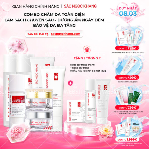 Combo 7 Sản Phẩm Chăm Sóc Da Toàn Diện Chuyên Sâu Sắc Ngọc Khang (Nước Tẩy Trang Thảo Dược, Sữa Rửa Mặt Thảo Dược, Nước Hoa Hồng Thảo Dược, Serum Siêu Dưỡng Trắng Vitamin C, Kem Dưỡng Da 5 In 1, Kem Dưỡng Ban Đêm, Kem Chống Nắng)