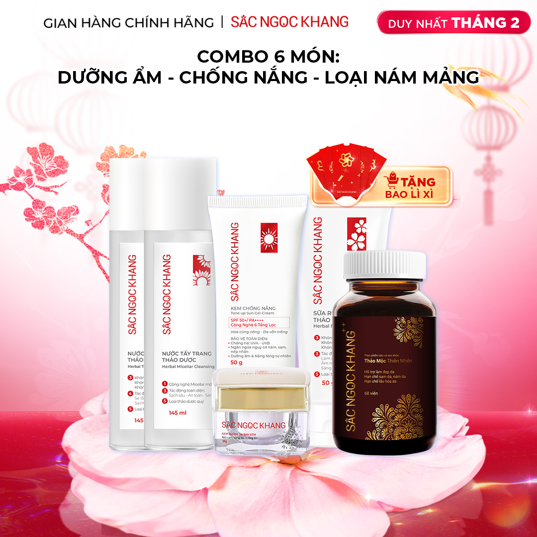 1729643028417776600 Combo Mờ Nám, Đẹp Da Sắc Ngọc Khang: Sữa Rửa Mặt 50g, Nước Tẩy Trang Thảo Dược 145ml, Nước Hoa Hồng Thảo Dược 145ml, Kem Dưỡng Da Ban Đêm 10g, Kem Chống Nắng "Sa Mạc", Viên Uống Sắc Ngọc Khang ++ 60v (Phiên bản cao cấp) - Ảnh 1