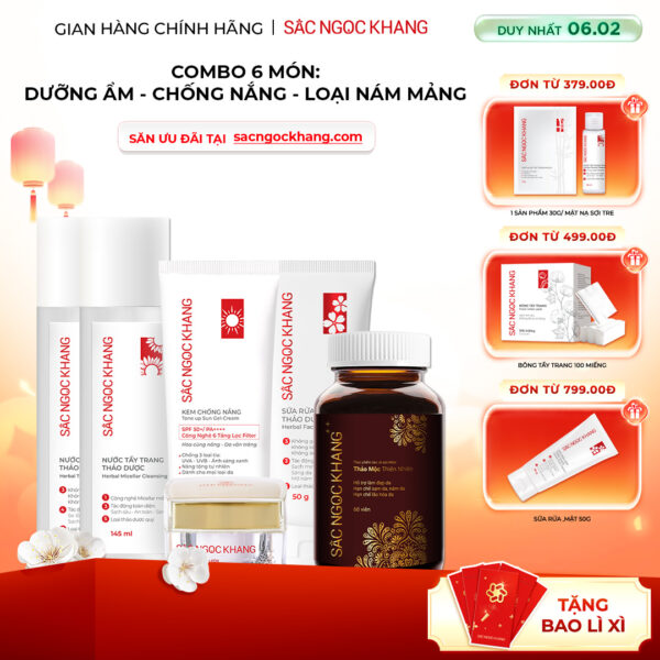 Combo Mờ Nám, Đẹp Da Sắc Ngọc Khang: Sữa Rửa Mặt 50g, Nước Tẩy Trang Thảo Dược 145ml, Nước Hoa Hồng Thảo Dược 145ml, Kem Dưỡng Da Ban Đêm 10g, Kem Chống Nắng "Sa Mạc", Viên Uống Sắc Ngọc Khang ++ 60v (Phiên bản cao cấp)