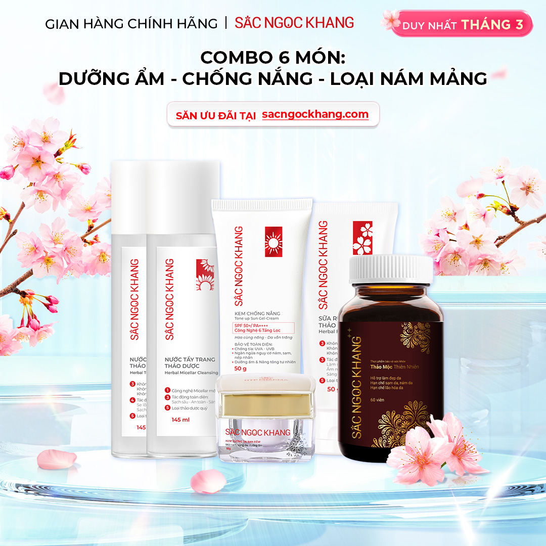 1729643028417776600 Combo Mờ Nám, Đẹp Da Sắc Ngọc Khang: Sữa Rửa Mặt 50g, Nước Tẩy Trang Thảo Dược 145ml, Nước Hoa Hồng Thảo Dược 145ml, Kem Dưỡng Da Ban Đêm 10g, Kem Chống Nắng "Sa Mạc", Viên Uống Sắc Ngọc Khang ++ 60v (Phiên bản cao cấp) - Ảnh 1