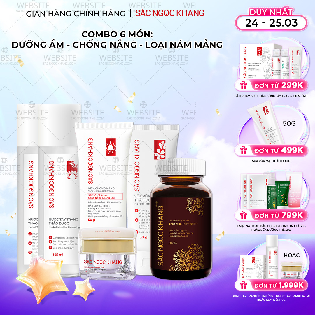 1729643028417776600 Combo Mờ Nám, Đẹp Da Sắc Ngọc Khang: Sữa Rửa Mặt 50g, Nước Tẩy Trang Thảo Dược 145ml, Nước Hoa Hồng Thảo Dược 145ml, Kem Dưỡng Da Ban Đêm 10g, Kem Chống Nắng "Sa Mạc", Viên Uống Sắc Ngọc Khang ++ 60v (Phiên bản cao cấp) - Ảnh 1
