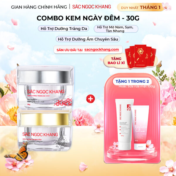 Combo Dưỡng Da Ngày Và Đêm Sắc Ngọc Khang (Kem Dưỡng Da Ban Đêm 30g và Kem Dưỡng Da Ban Ngày 5in1 30g, tặng Sữa rửa mặt 100g hoặc sữa dưỡng thể 50g)