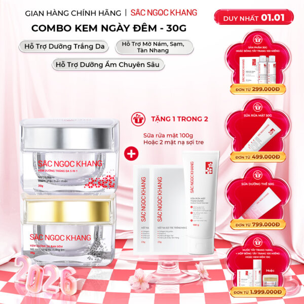 Combo Dưỡng Da Ngày Và Đêm Sắc Ngọc Khang (Kem Dưỡng Da Ban Đêm 30g và Kem Dưỡng Da Ban Ngày 5in1 30g, tặng Sữa rửa mặt 100g hoặc sữa dưỡng thể 50g)