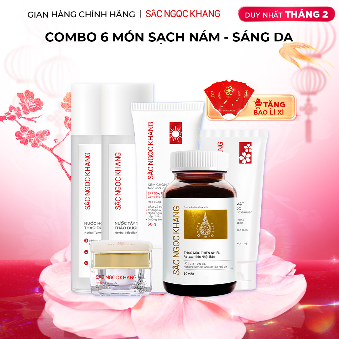 1729689121472941016 Combo Toàn Diện Mờ Nám, Đẹp Da Sắc Ngọc Khang: Nước tẩy trang 145ml, sữa rửa mặt 50g, nước hoa hồng 145ml, kem chống nắng 50g, kem dưỡng da ban đêm 10g, viên uống vi tảo lục 60v (phiên bản thường) - Ảnh 1