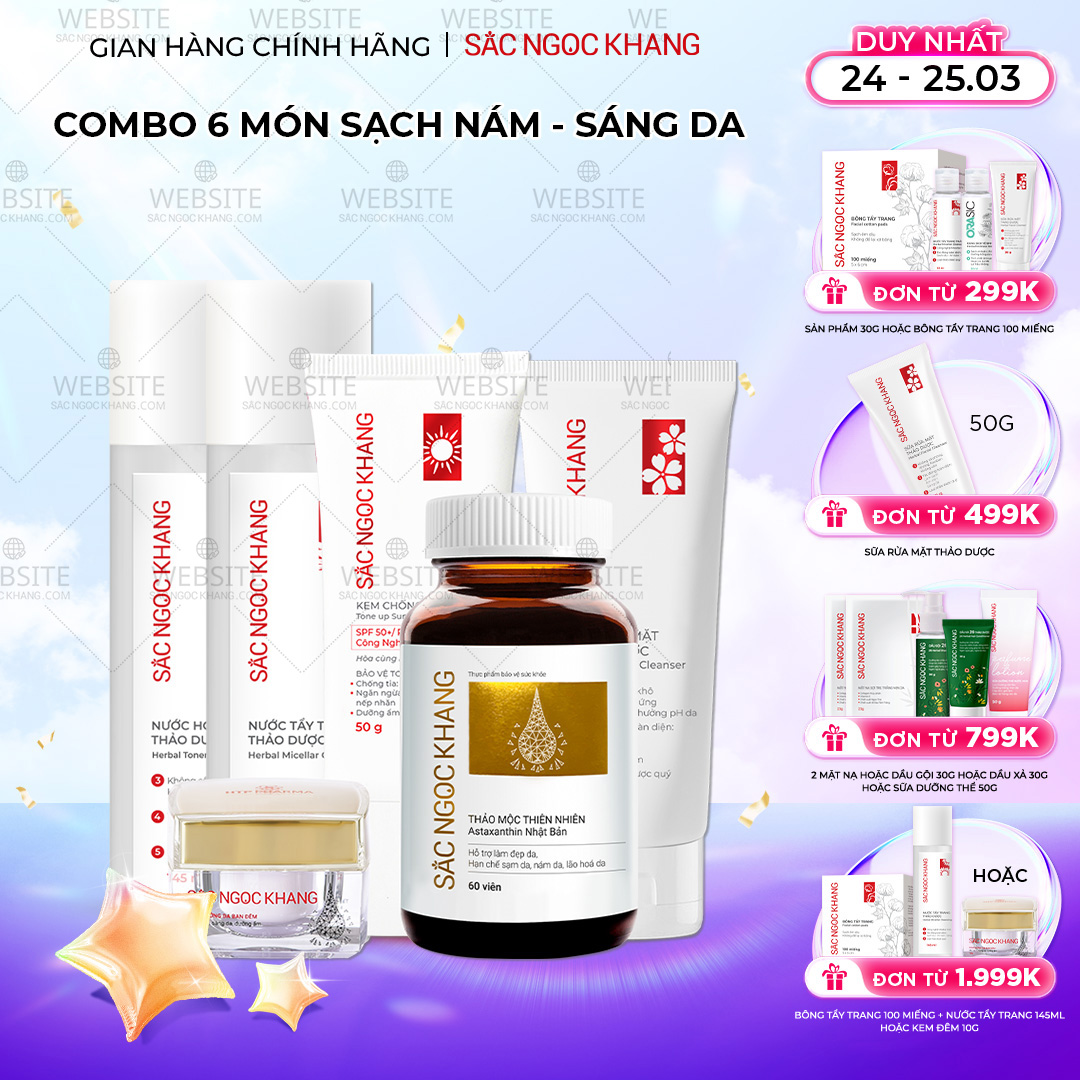 1729689121472941016 Combo Toàn Diện Mờ Nám, Đẹp Da Sắc Ngọc Khang: Nước tẩy trang 145ml, sữa rửa mặt 50g, nước hoa hồng 145ml, kem chống nắng 50g, kem dưỡng da ban đêm 10g, viên uống vi tảo lục 60v (phiên bản thường) - Ảnh 1