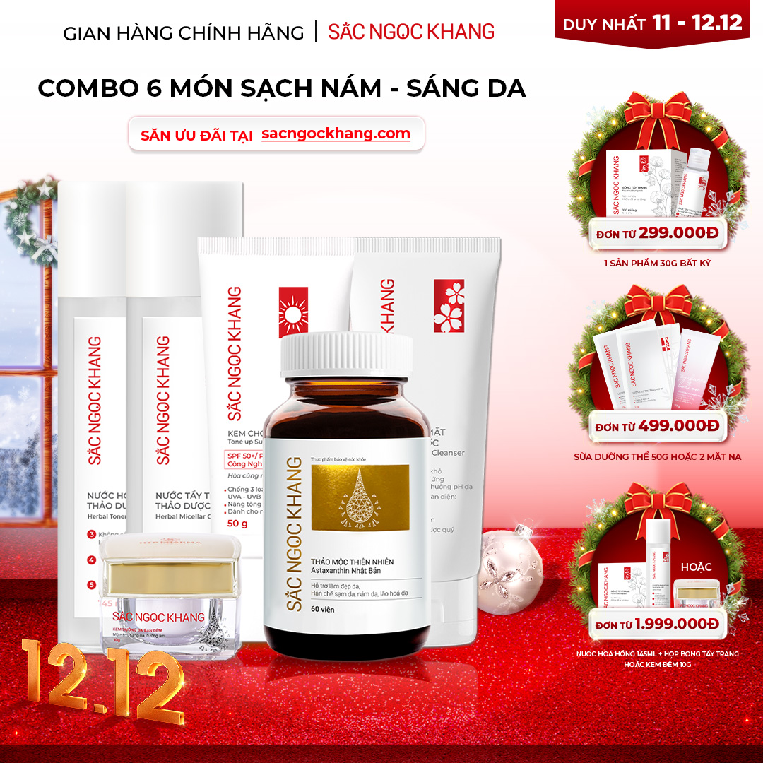 1729689121472941016 Combo Toàn Diện Mờ Nám, Đẹp Da Sắc Ngọc Khang: Nước tẩy trang 145ml, sữa rửa mặt 50g, nước hoa hồng 145ml, kem chống nắng 50g, kem dưỡng da ban đêm 10g, viên uống vi tảo lục 60v (phiên bản thường) - Ảnh 1
