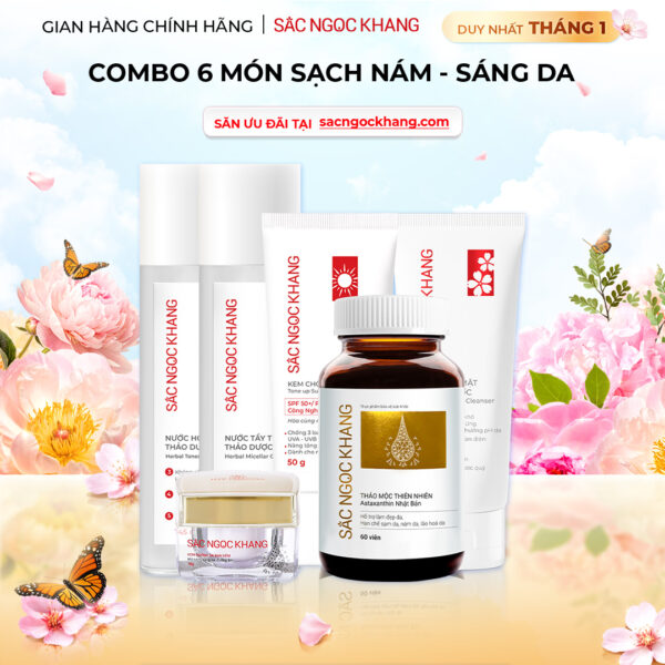 Combo Toàn Diện Mờ Nám, Đẹp Da Sắc Ngọc Khang: Nước tẩy trang 145ml, sữa rửa mặt 50g, nước hoa hồng 145ml, kem chống nắng 50g, kem dưỡng da ban đêm 10g, viên uống vi tảo lục 60v (phiên bản thường)
