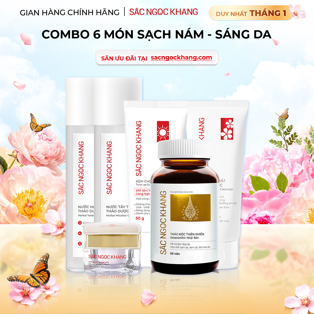 1729689121472941016 Combo Toàn Diện Mờ Nám, Đẹp Da Sắc Ngọc Khang: Nước tẩy trang 145ml, sữa rửa mặt 50g, nước hoa hồng 145ml, kem chống nắng 50g, kem dưỡng da ban đêm 10g, viên uống vi tảo lục 60v (phiên bản thường) - Ảnh 1