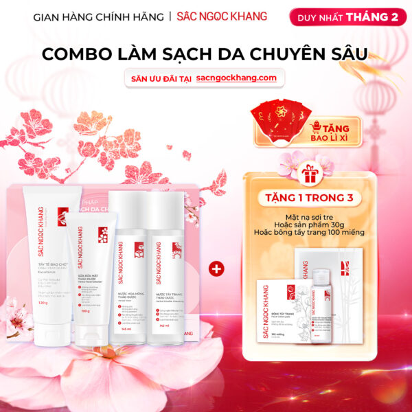 Combo Làm Sạch Da Chuyên Sâu Sắc Ngọc Khang (Sữa rửa mặt Thảo Dược 100g + Nước Hoa Hồng Thảo Dược 145ml + Nước Tẩy Trang Thảo Dược 145ml + Tẩy TBC 120g)