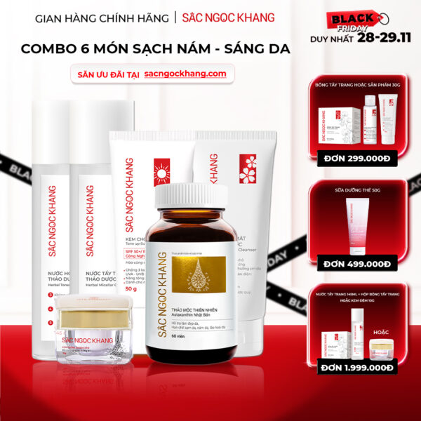Combo Toàn Diện Mờ Nám, Đẹp Da Sắc Ngọc Khang: Nước tẩy trang 145ml, sữa rửa mặt 50g, nước hoa hồng 145ml, kem chống nắng 50g, kem dưỡng da ban đêm 10g, viên uống vi tảo lục 60v (phiên bản thường)