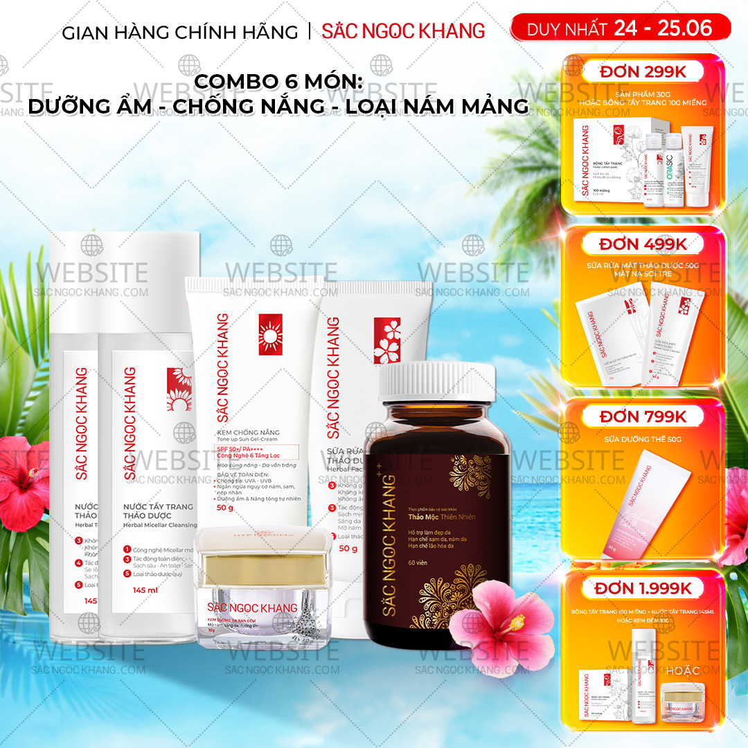 1729643028417776600 Combo Mờ Nám, Đẹp Da Sắc Ngọc Khang: Sữa Rửa Mặt 50g, Nước Tẩy Trang Thảo Dược 145ml, Nước Hoa Hồng Thảo Dược 145ml, Kem Dưỡng Da Ban Đêm 10g, Kem Chống Nắng "Sa Mạc", Viên Uống Sắc Ngọc Khang ++ 60v (Phiên bản cao cấp) - Ảnh 1