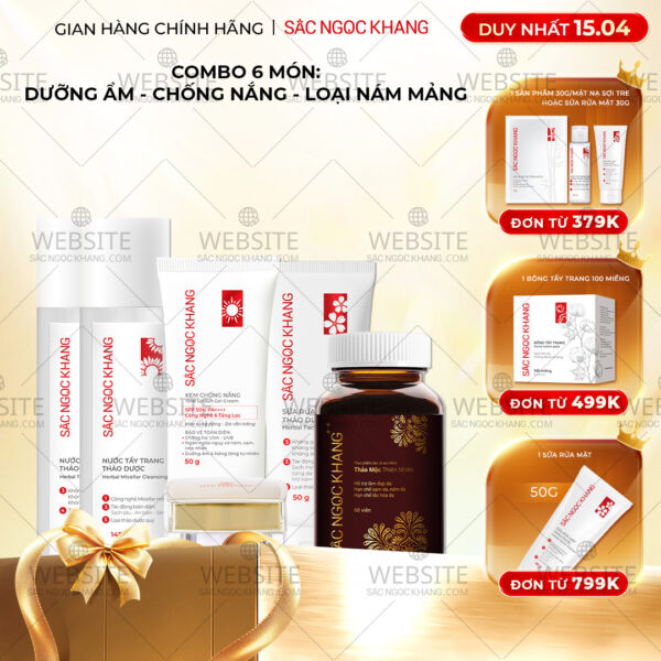 Combo Mờ Nám, Đẹp Da Sắc Ngọc Khang: Sữa Rửa Mặt 50g, Nước Tẩy Trang Thảo Dược 145ml, Nước Hoa Hồng Thảo Dược 145ml, Kem Dưỡng Da Ban Đêm 10g, Kem Chống Nắng "Sa Mạc", Viên Uống Sắc Ngọc Khang ++ 60v (Phiên bản cao cấp)