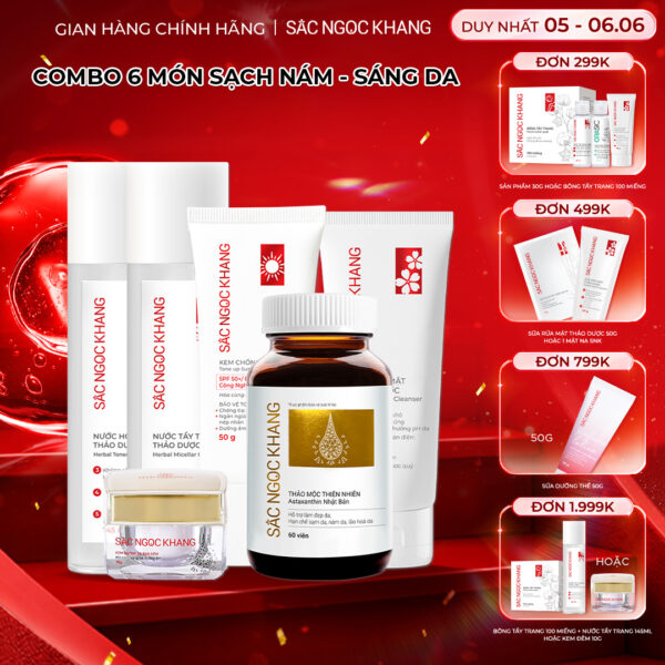 Combo Toàn Diện Mờ Nám, Đẹp Da Sắc Ngọc Khang: Nước tẩy trang 145ml, sữa rửa mặt 50g, nước hoa hồng 145ml, kem chống nắng 50g, kem dưỡng da ban đêm 10g, viên uống vi tảo lục 60v (phiên bản thường)