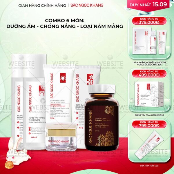 Combo Mờ Nám, Đẹp Da Sắc Ngọc Khang: Sữa Rửa Mặt 50g, Nước Tẩy Trang Thảo Dược 145ml, Nước Hoa Hồng Thảo Dược 145ml, Kem Dưỡng Da Ban Đêm 10g, Kem Chống Nắng "Sa Mạc", Viên Uống Sắc Ngọc Khang ++ 60v (Phiên bản cao cấp)