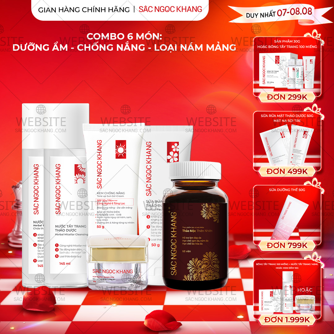 1729643028417776600 Combo Mờ Nám, Đẹp Da Sắc Ngọc Khang: Sữa Rửa Mặt 50g, Nước Tẩy Trang Thảo Dược 145ml, Nước Hoa Hồng Thảo Dược 145ml, Kem Dưỡng Da Ban Đêm 10g, Kem Chống Nắng "Sa Mạc", Viên Uống Sắc Ngọc Khang ++ 60v (Phiên bản cao cấp) - Ảnh 1