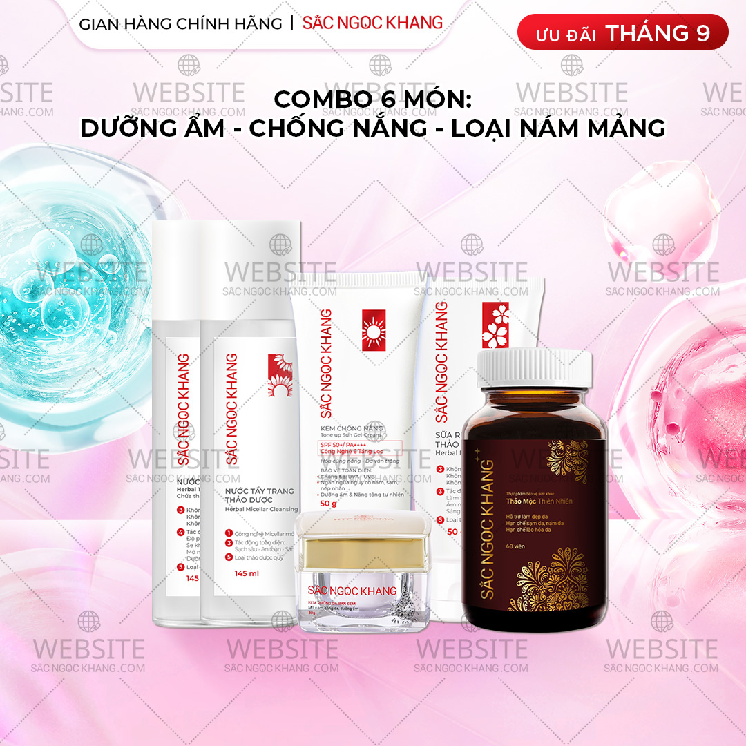 1729643028417776600 Combo Mờ Nám, Đẹp Da Sắc Ngọc Khang: Sữa Rửa Mặt 50g, Nước Tẩy Trang Thảo Dược 145ml, Nước Hoa Hồng Thảo Dược 145ml, Kem Dưỡng Da Ban Đêm 10g, Kem Chống Nắng "Sa Mạc", Viên Uống Sắc Ngọc Khang ++ 60v (Phiên bản cao cấp) - Ảnh 1