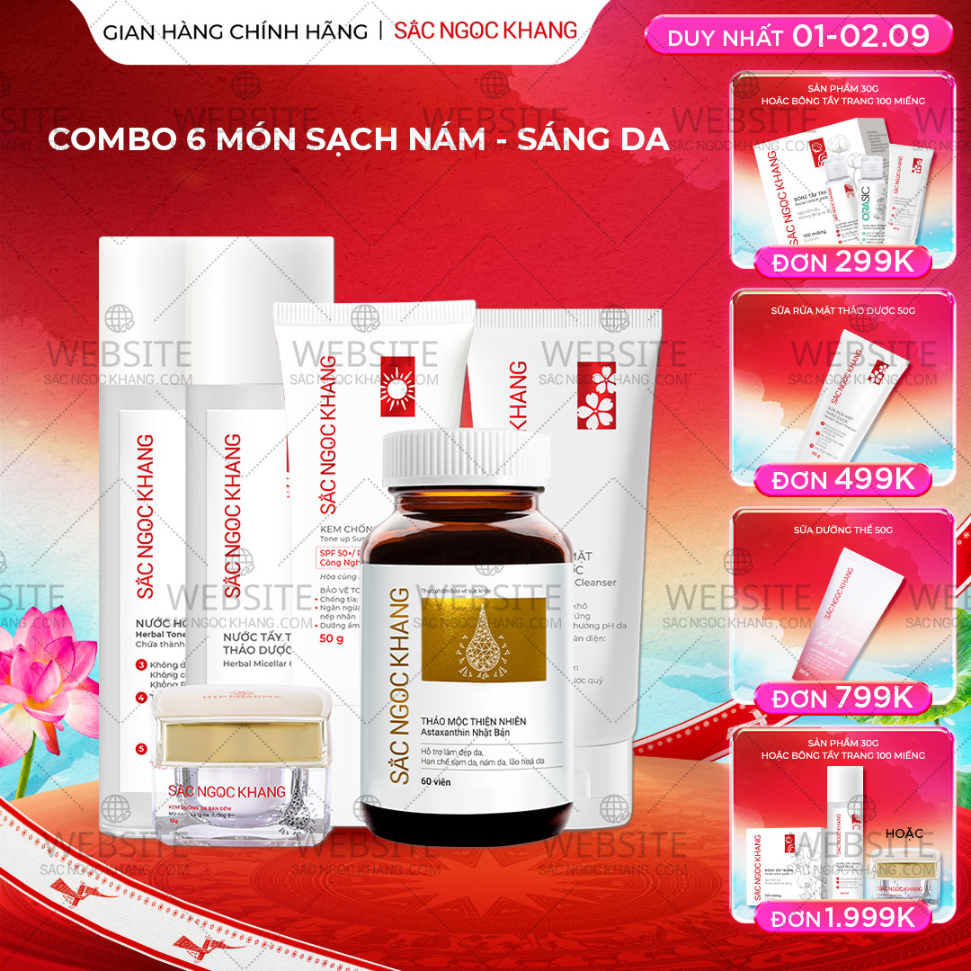 1729689121472941016 Combo Toàn Diện Mờ Nám, Đẹp Da Sắc Ngọc Khang: Nước tẩy trang 145ml, sữa rửa mặt 50g, nước hoa hồng 145ml, kem chống nắng 50g, kem dưỡng da ban đêm 10g, viên uống vi tảo lục 60v (phiên bản thường) - Ảnh 1