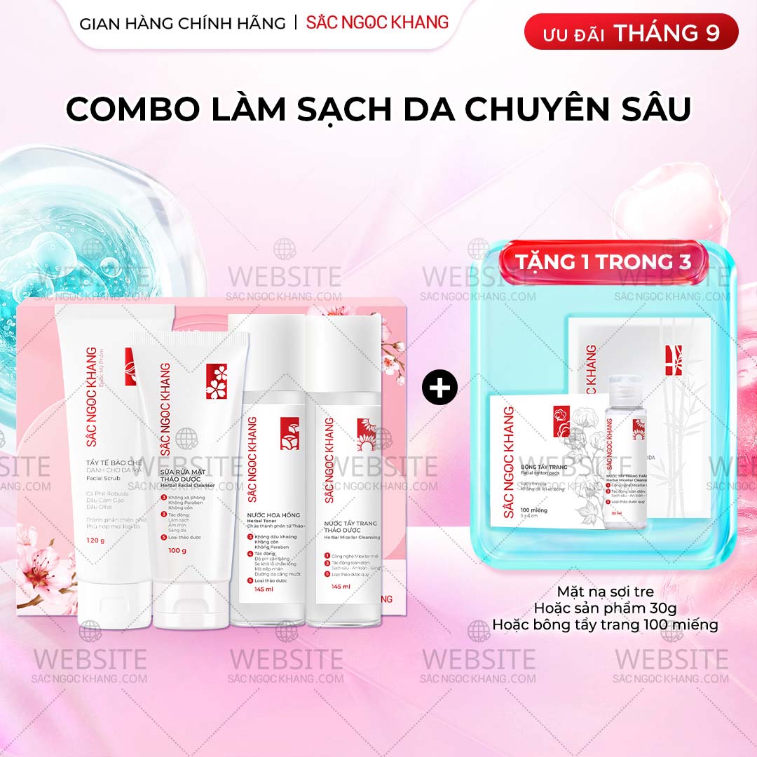 1729717213143534552 Combo Làm Sạch Da Chuyên Sâu Sắc Ngọc Khang (Sữa rửa mặt Thảo Dược 100g + Nước Hoa Hồng Thảo Dược 145ml + Nước Tẩy Trang Thảo Dược 145ml + Tẩy TBC 120g) - Ảnh 1