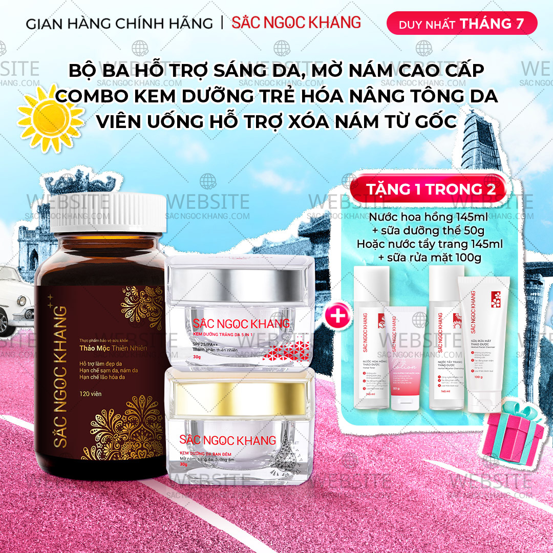1731259366604311512 Combo Mờ Nám Dưỡng Trắng Cao Cấp Sắc Ngọc Khang: Viên Uống Sắc Ngọc Khang ++, Kem Dưỡng Da Ban Đêm, Kem Dưỡng Da Ban Ngày - Ảnh 1